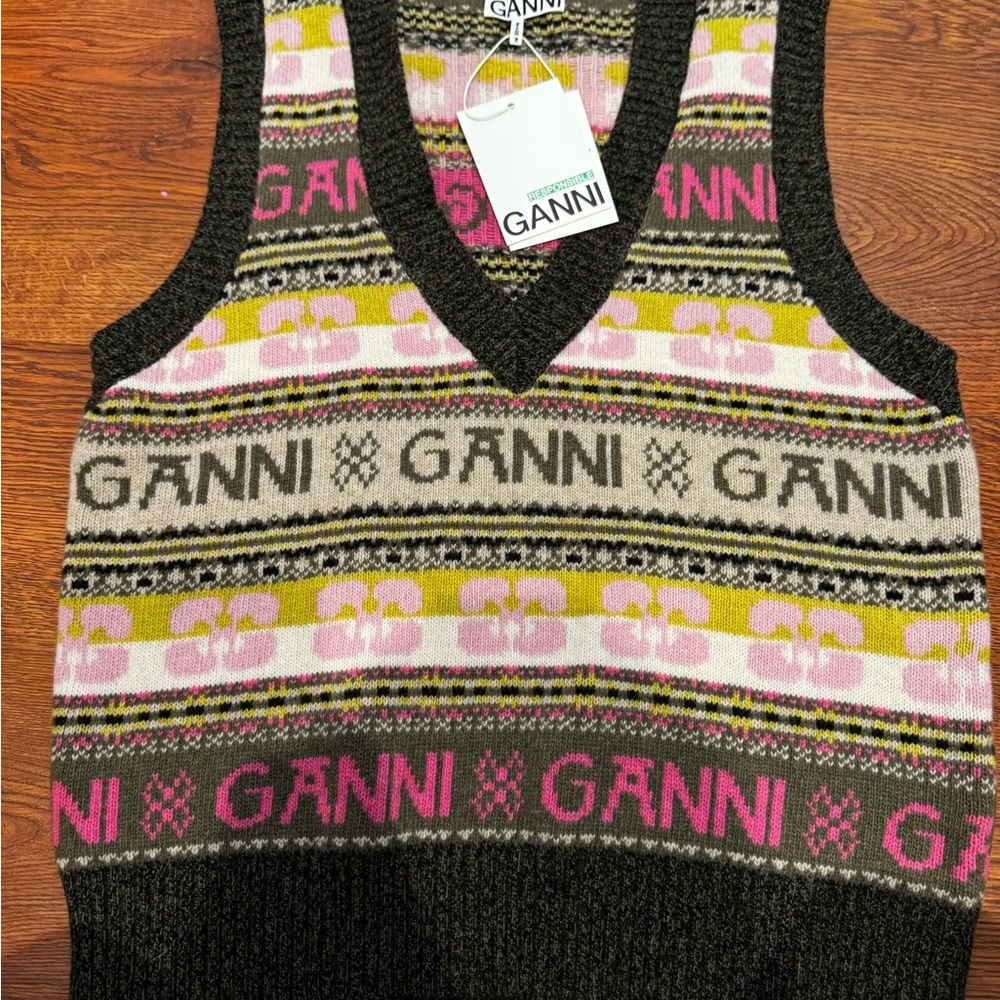 Ganni Pink and Yellow Patterned Knit Vest
